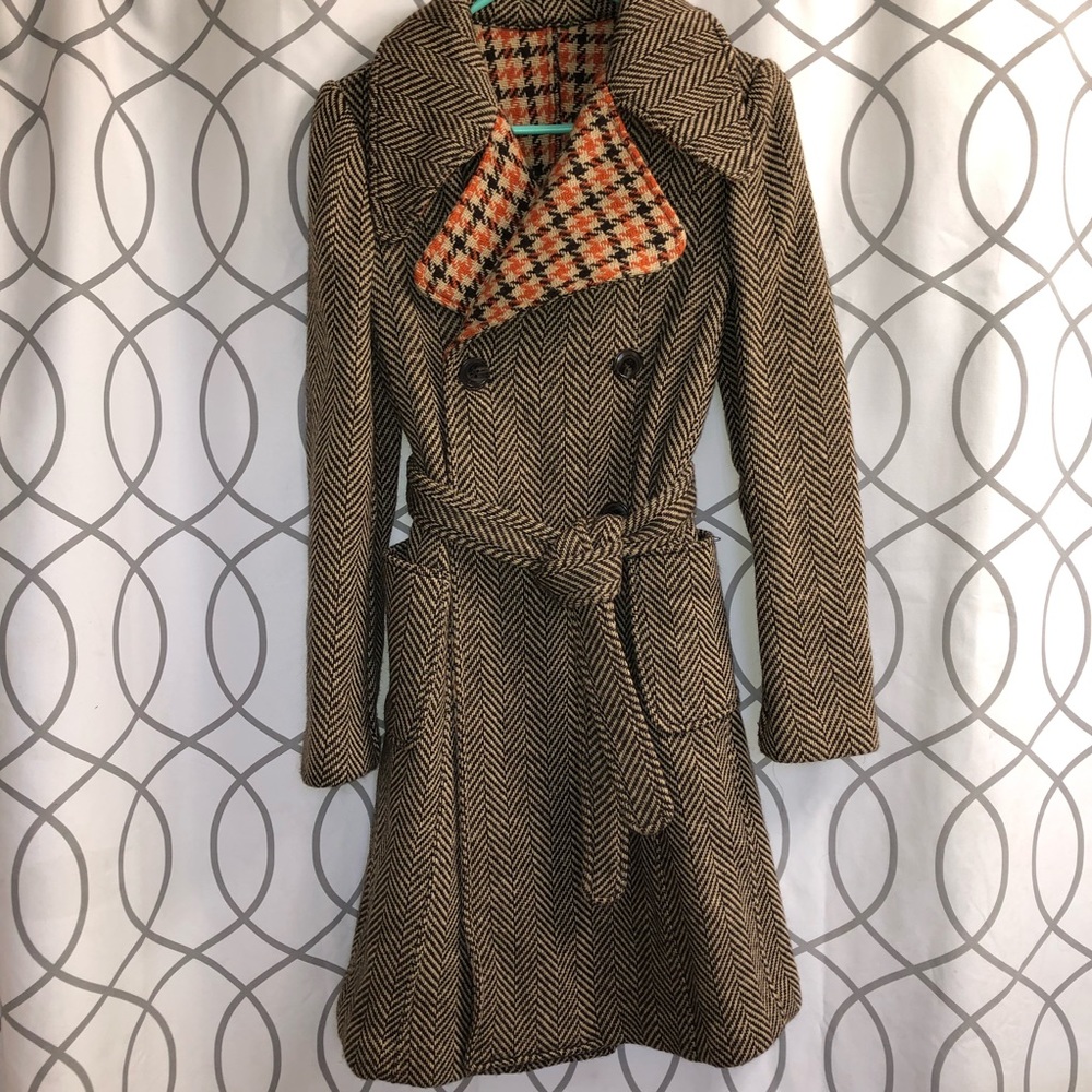 Brown Herringbone Wool Coat
